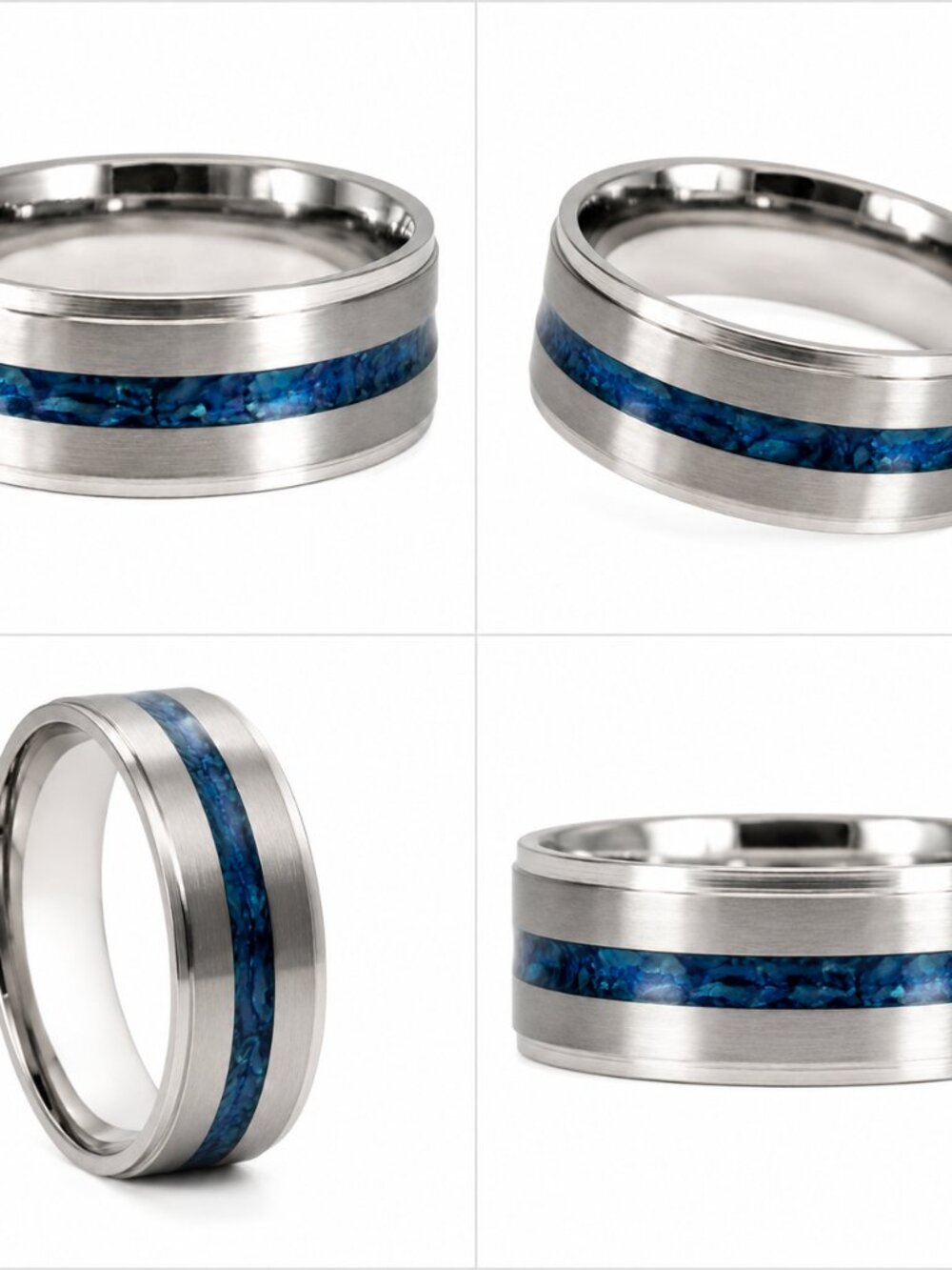 Size 11 Silver Stainless Steel 8mm Wedding Band with Blue Inlay - Unisex
